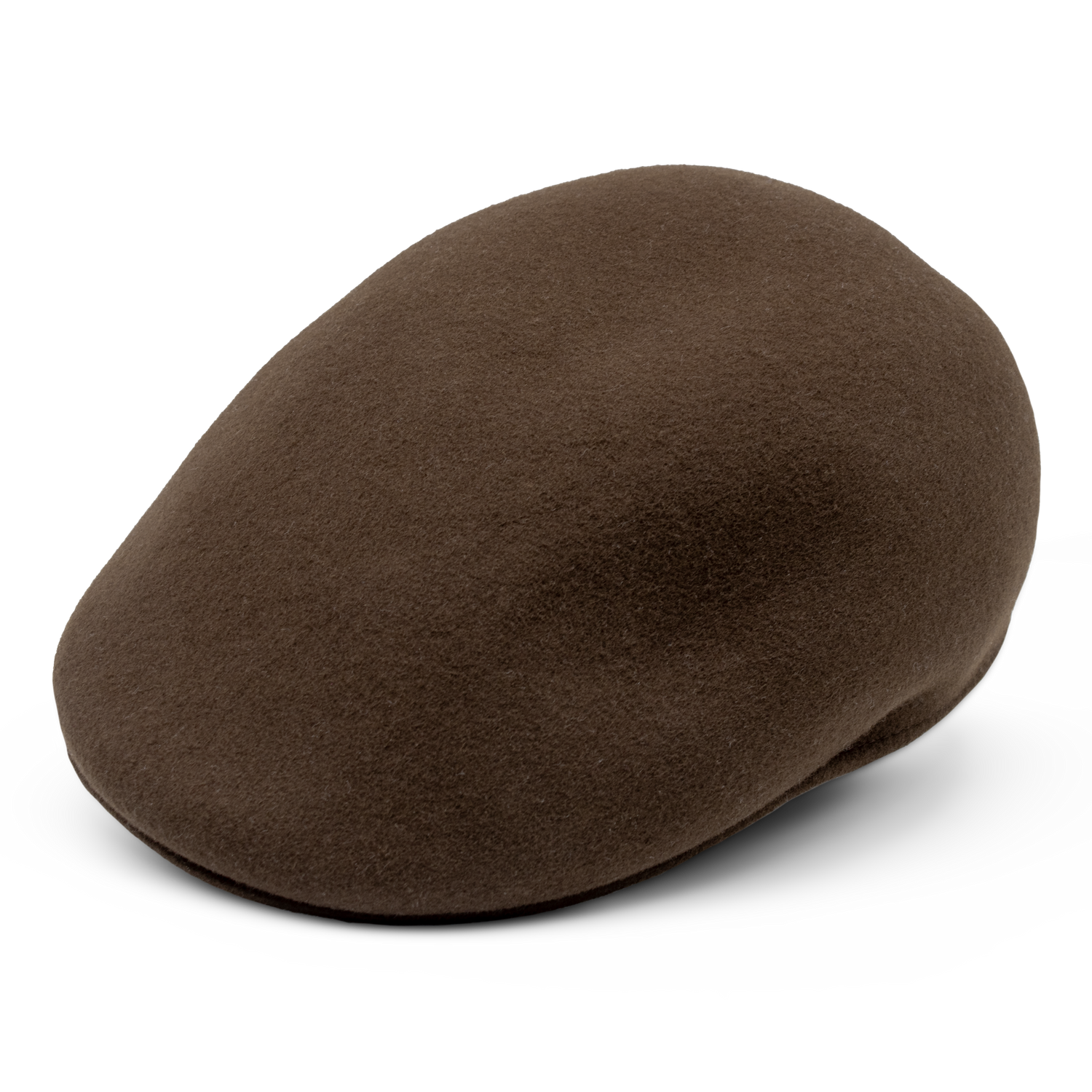 Brown wool flat cap with a smooth, rounded shape