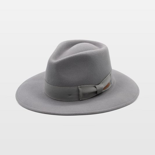 Grey felt fedora hat with a wide brim and a matching grey fabric band tied in a bow