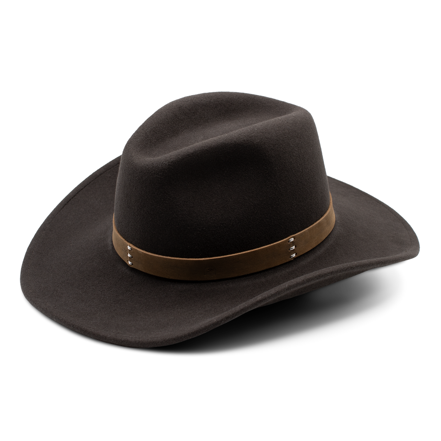 Dark brown felt cowboy hat with a wide brim and a leather band featuring metal studs