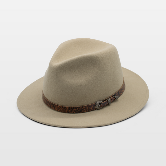 Beige wide-brim hat with a brown leather band and decorative buckle