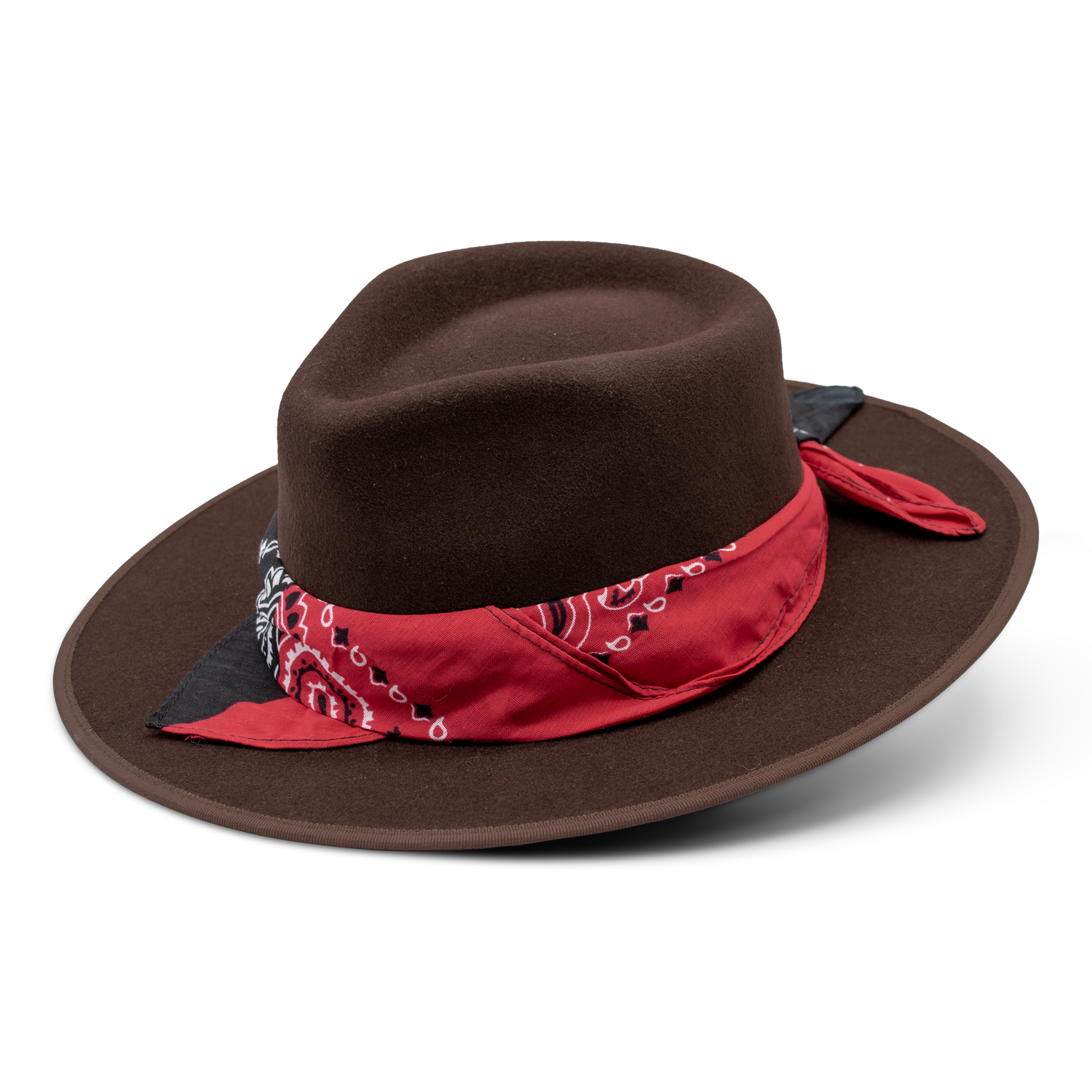 Brown felt hat with a red bandana tied around the crown