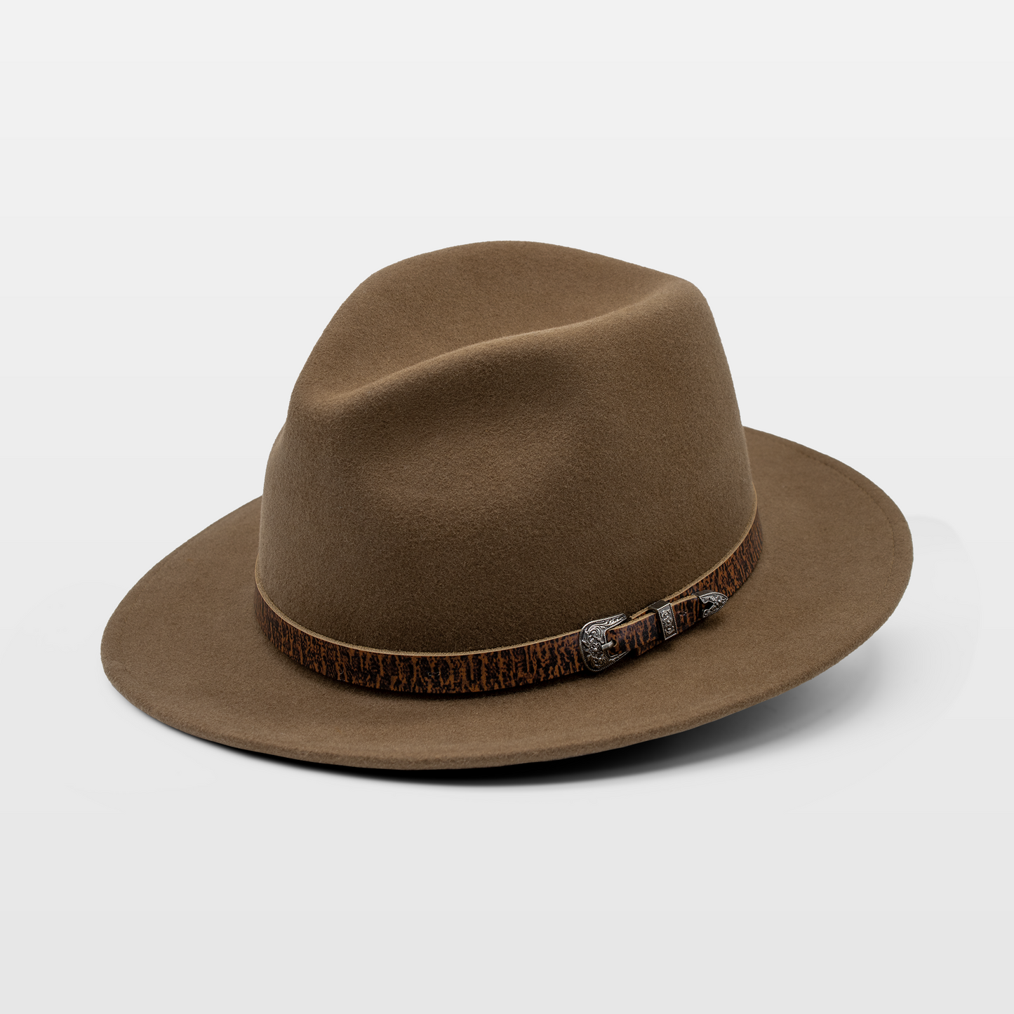 Brown wide-brim hat with a textured leather band and a decorative buckle