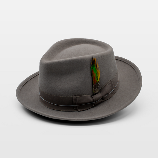 Grey fedora with a colourful feather and matching ribbon accent