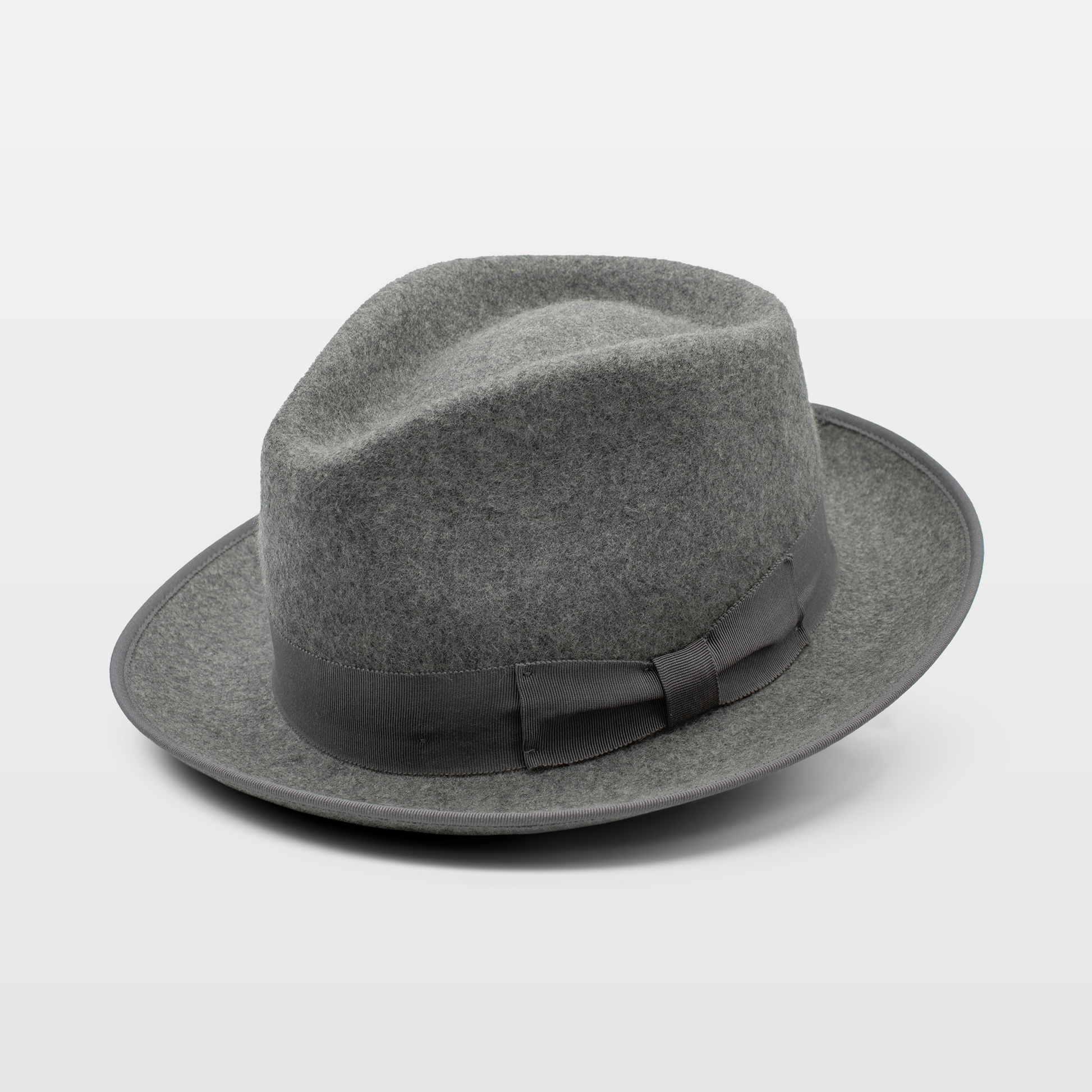 Stylish grey fedora with a sleek matching ribbon band