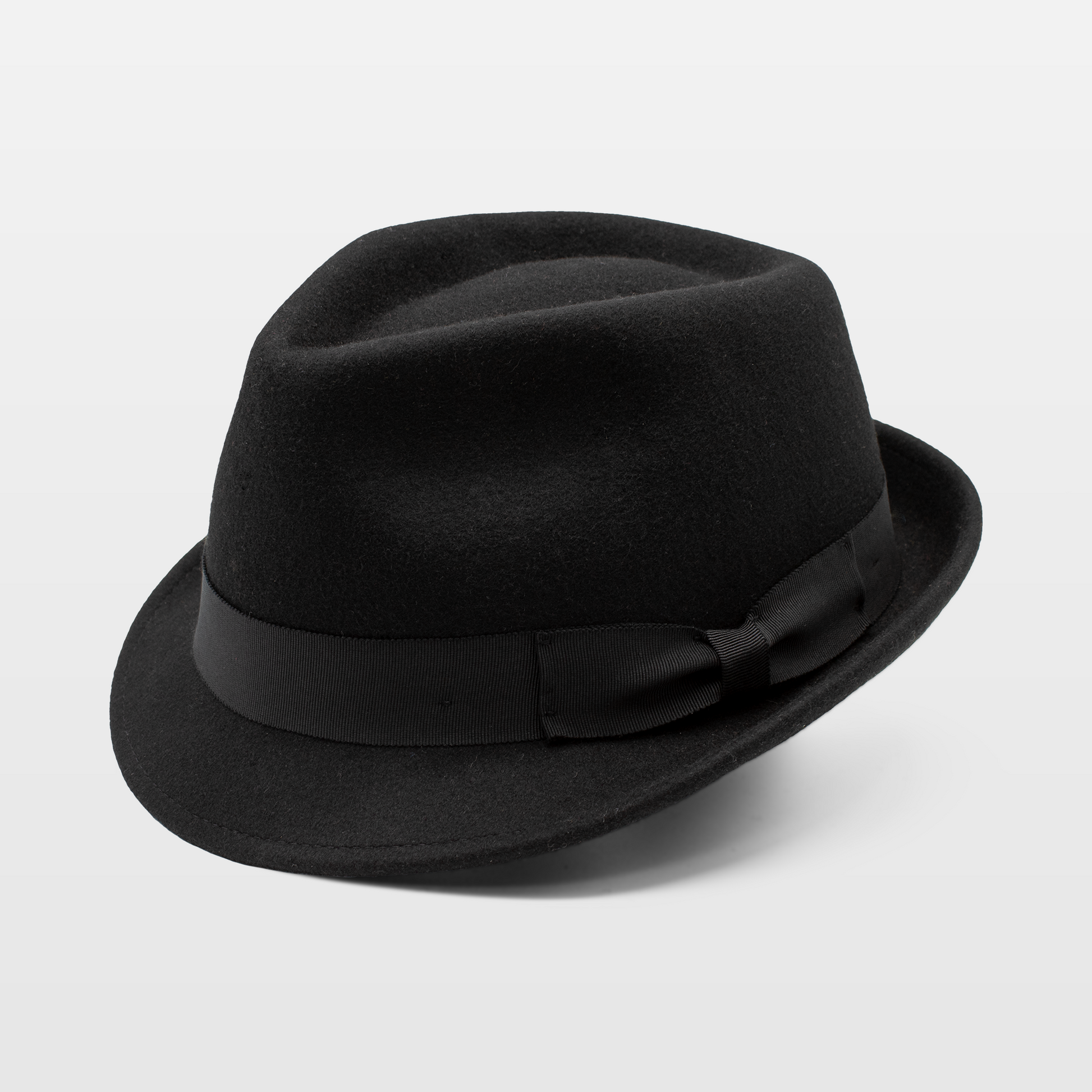 Classic black fedora with a matching black ribbon band tied into a bow