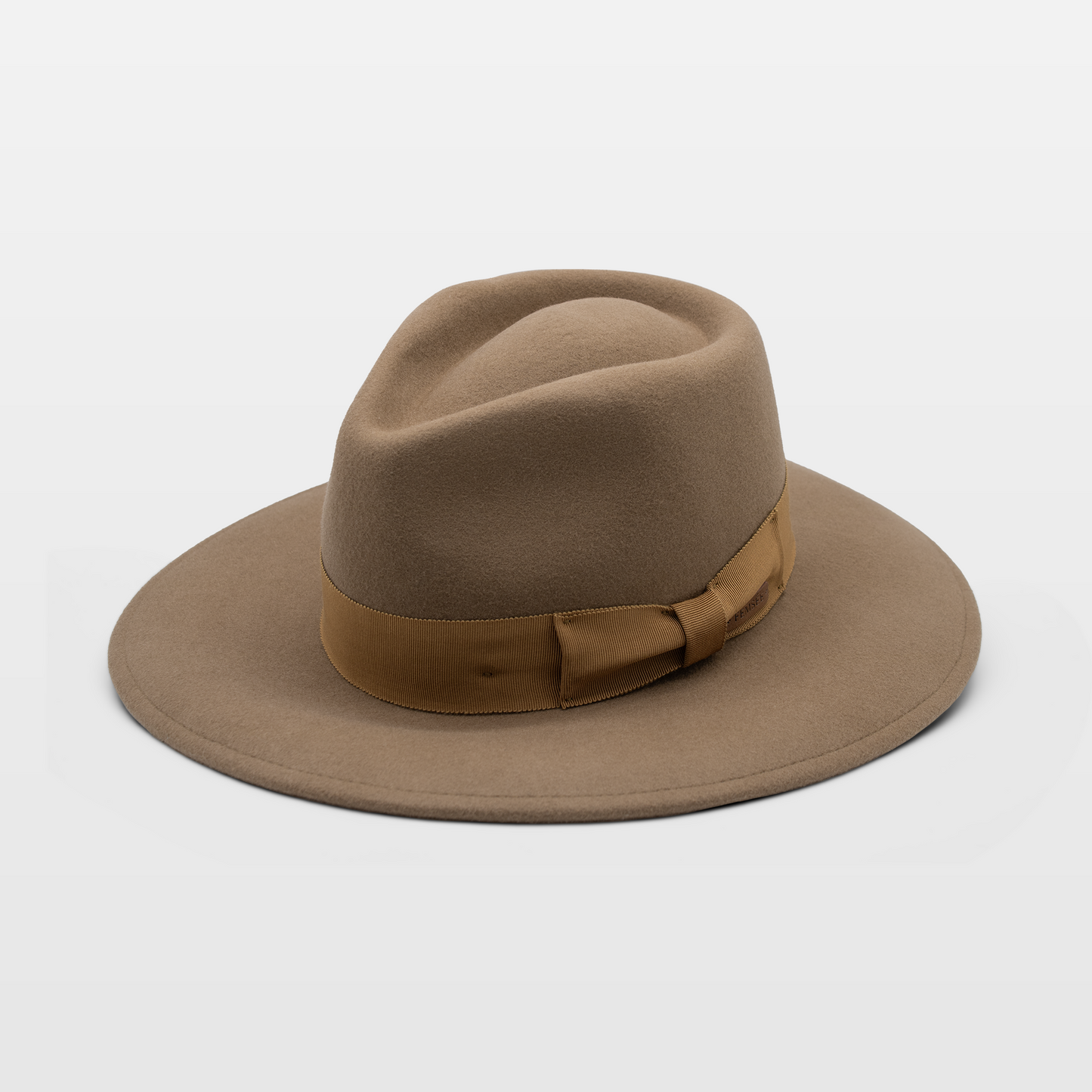 Beige wide-brim fedora with a matching ribbon band