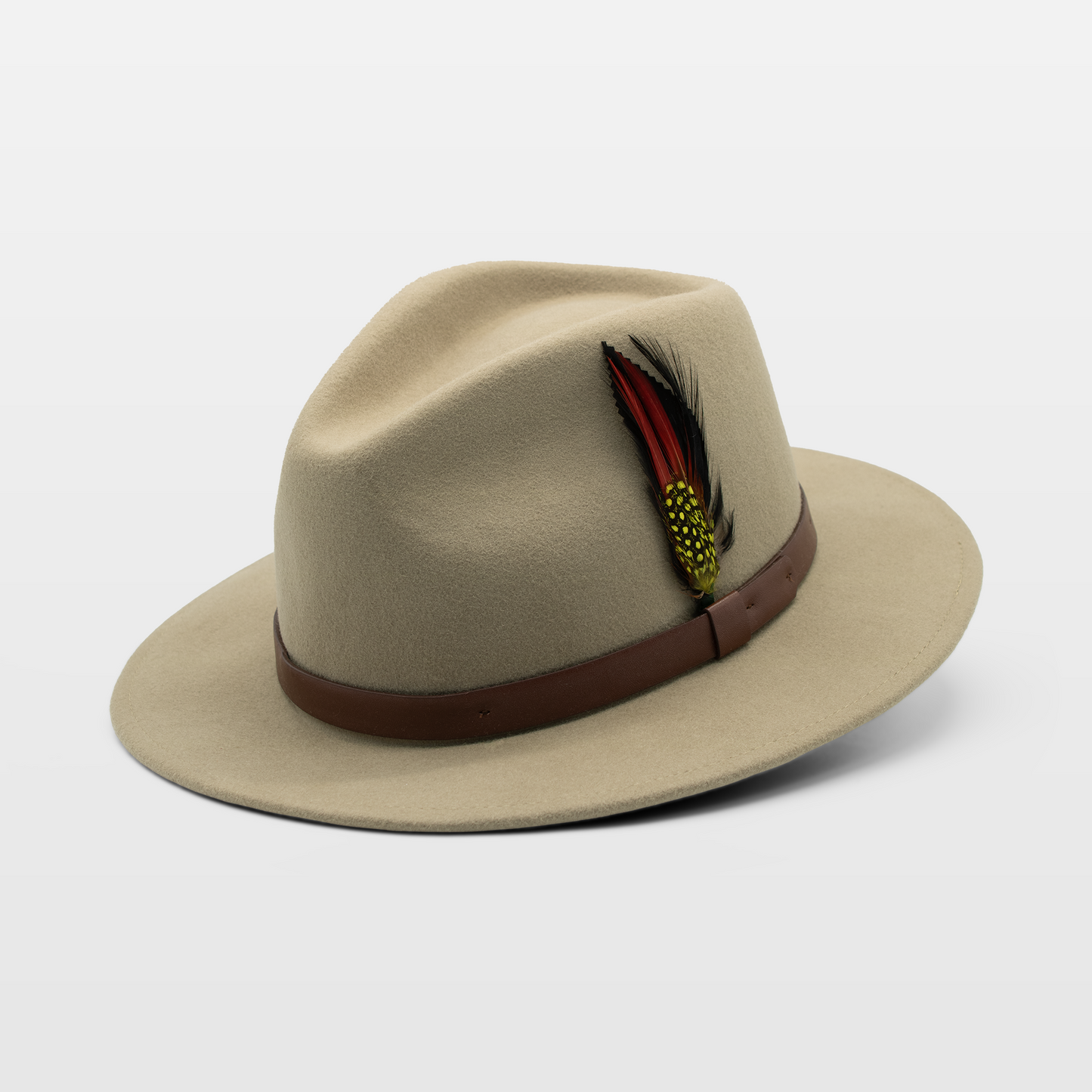 beige fedora hat with a brown leather band and a colorful feather accent