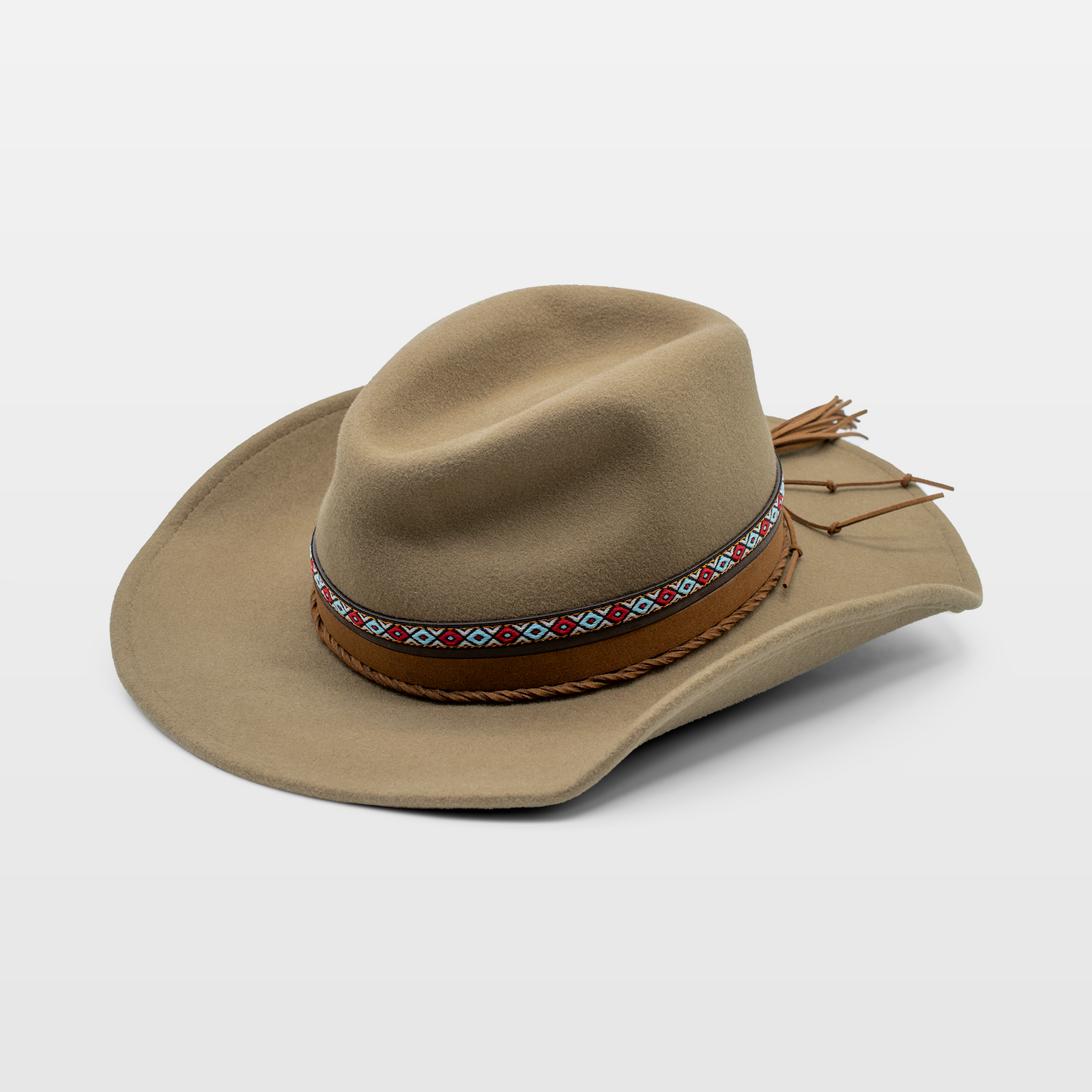 beige cowboy hat with a colorful patterned band and braided details