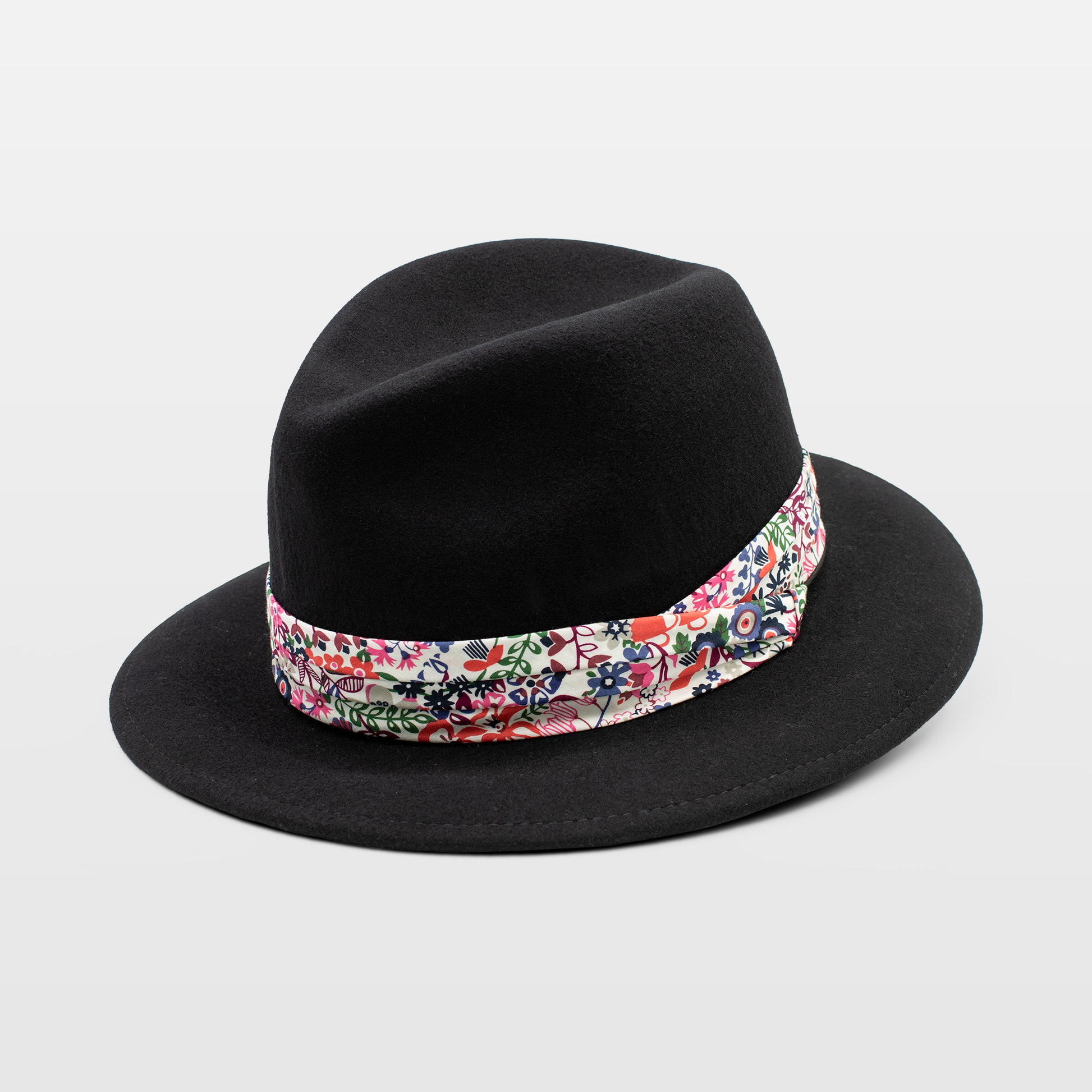 Black fedora with a vibrant floral patterned band