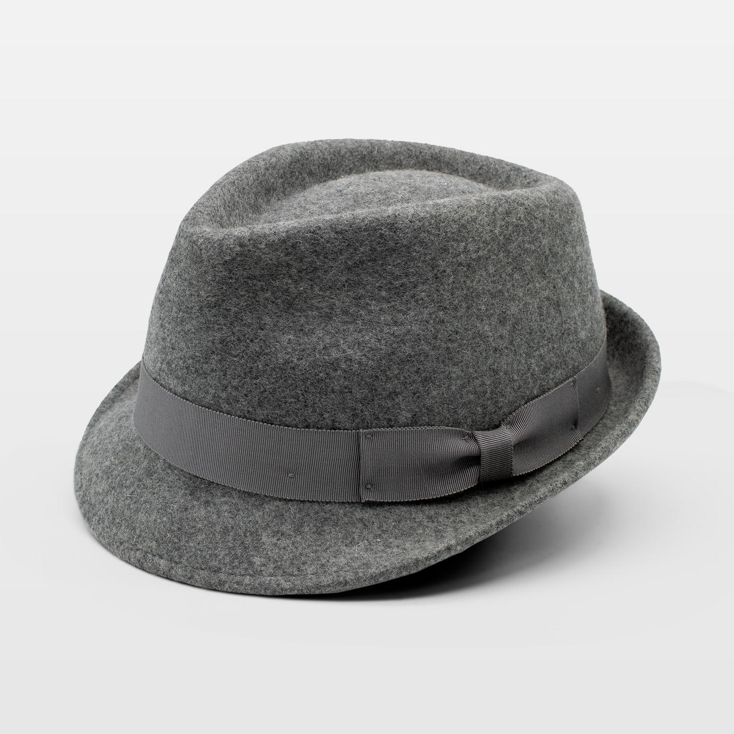 Grey fedora with a matching grey band and bow detail