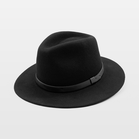 Classic black fedora with a sleek leather band