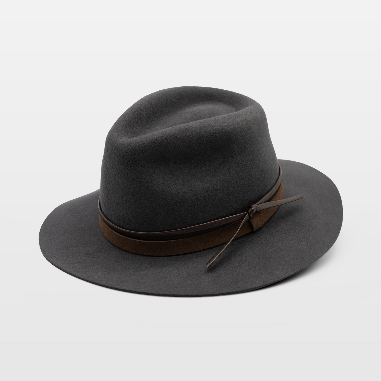 charcoal grey fedora with a brown leather band and knot detail