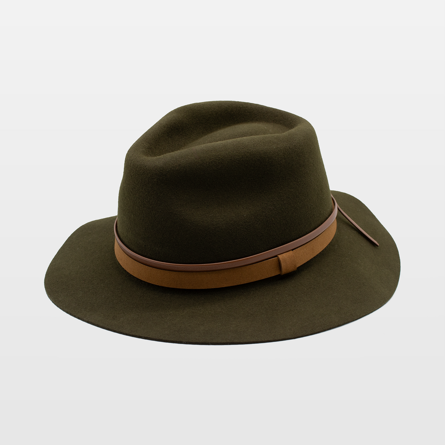 Olive green fedora with a stylish tan leather band