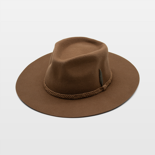 A brown wide-brimmed felt hat with a braided band and a small feather accent