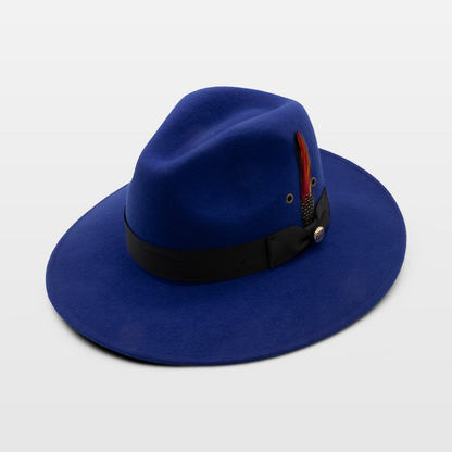 Blue wide-brimmed hat with a black band and a decorative feather, featuring red and black plumes