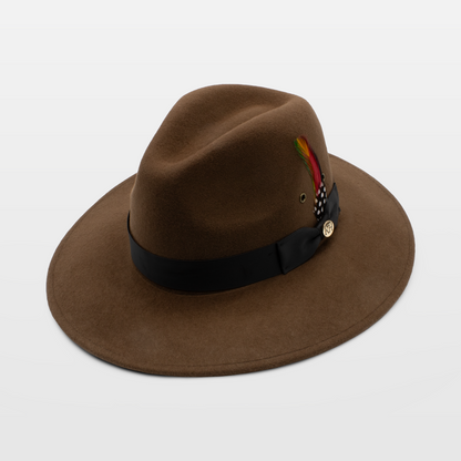 Brown wide-brimmed hat with a black band and a decorative feather