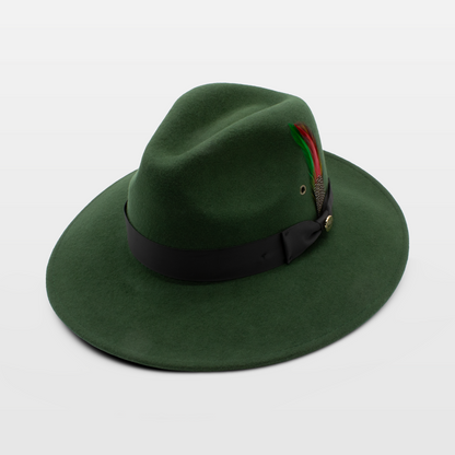 Green wide-brimmed hat with a black band and a decorative feather