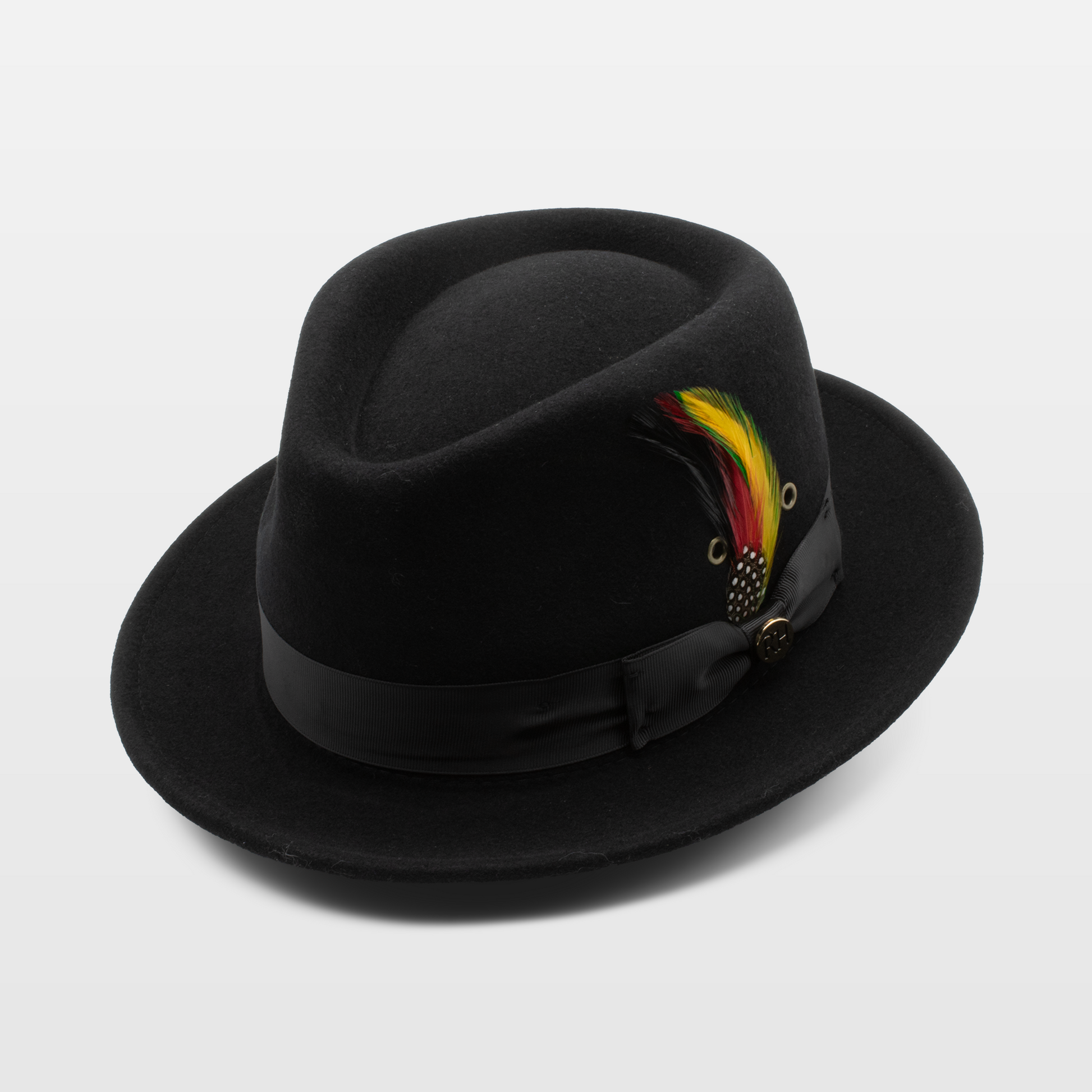 Black fedora hat with a black band and a decorative feather, with red, yellow, and black plumes