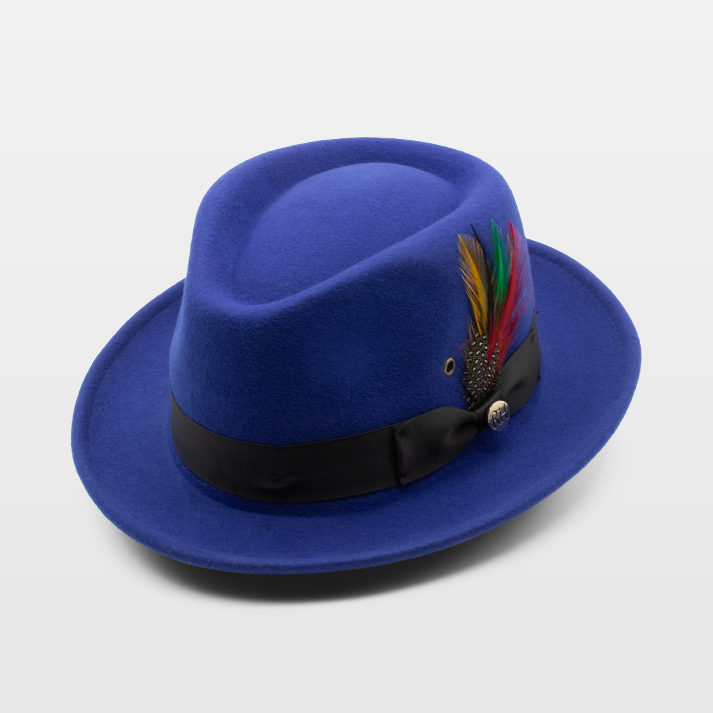 Blue fedora hat with a black band and a decorative feather, with red, green, and yellow plumes