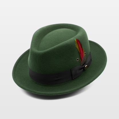 Green fedora hat with a black band and a decorative feather, with red and yellow plumes