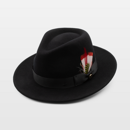 Black hat with a black band and a decorative feather, featuring red and white plumes