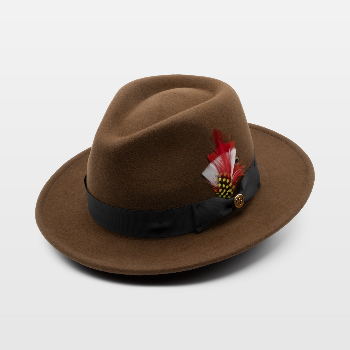 Brown hat with a black band and a decorative feather, featuring red and white plumes