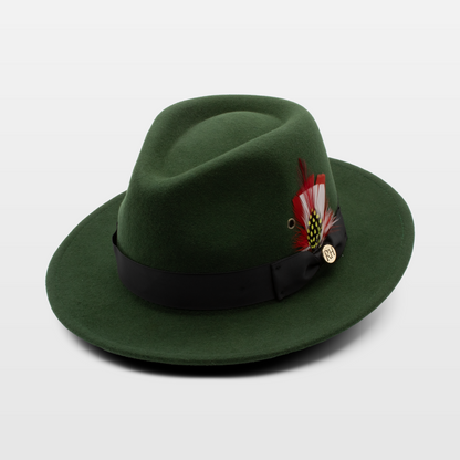 Green wide-brimmed hat with a black band and a decorative feather