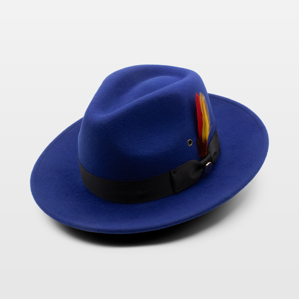 Blue wide-brimmed hat with a black band and a decorative feather, featuring red and yellow plumes