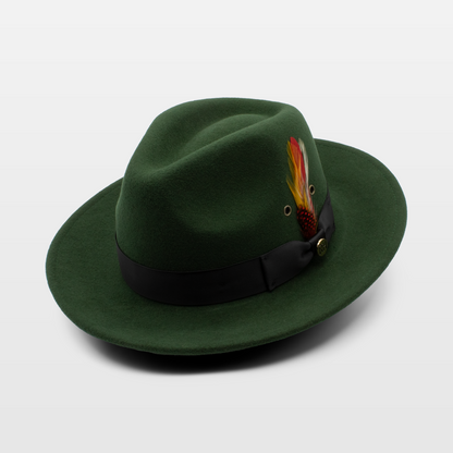 Green wide-brimmed hat with a black band and a decorative feather