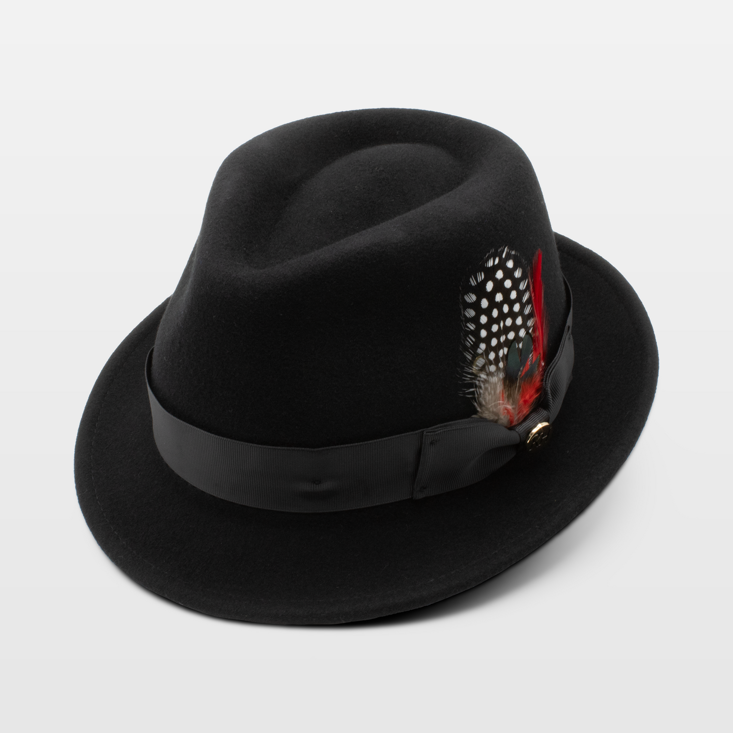 Black fedora hat with a black band and a decorative feather, featuring red and spotted plumes