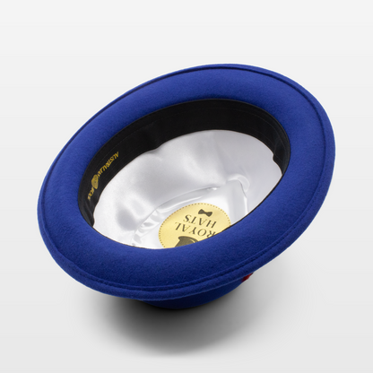 Blue fedora hat shown upside down to display the white satin interior