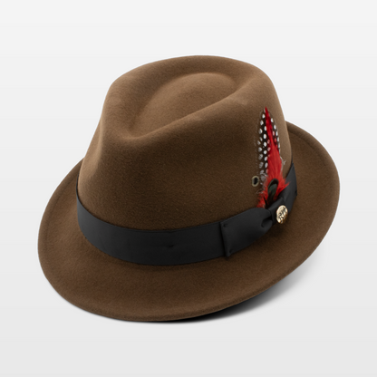 Brown fedora hat with a black band and a decorative feather, with red and spotted plumes