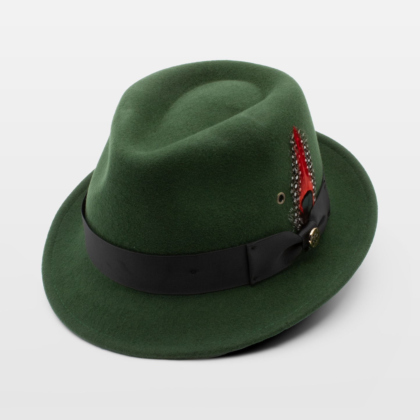 Green fedora hat with a black band and a decorative feather, featuring red and spotted plumes