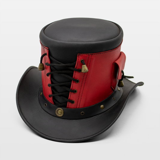 A black and red leather top hat with brass bell accents and black lacing on the band