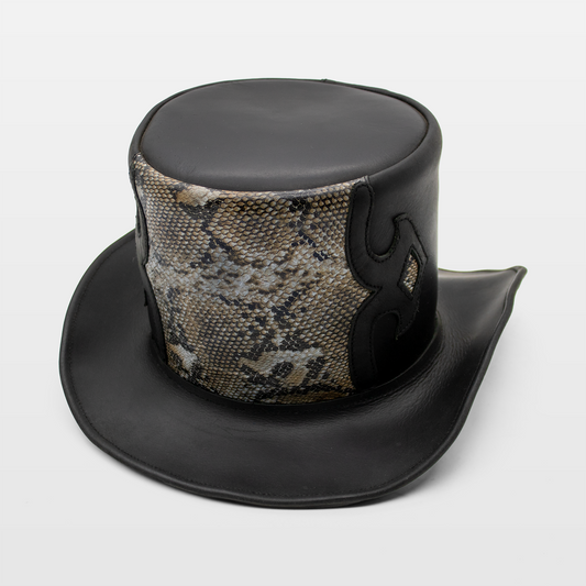 A black leather top hat featuring a snakeskin pattern on the crown